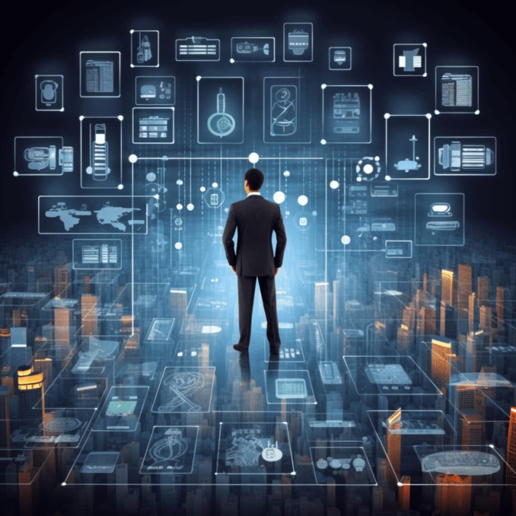 Business Mann steht vor digitaler Planung der E-Shop-Integration