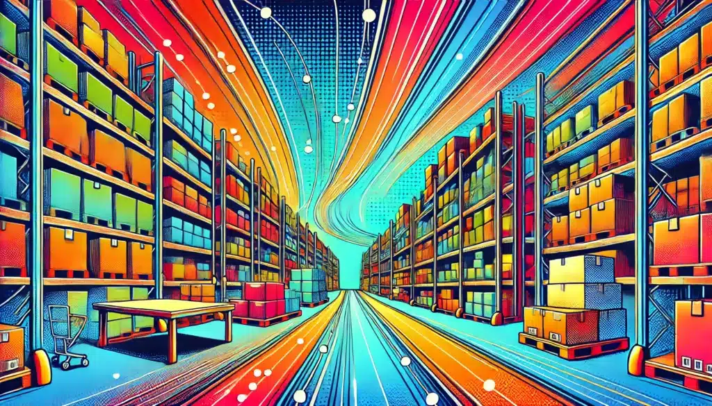 Bunte Illustration von einer Lagerhalle