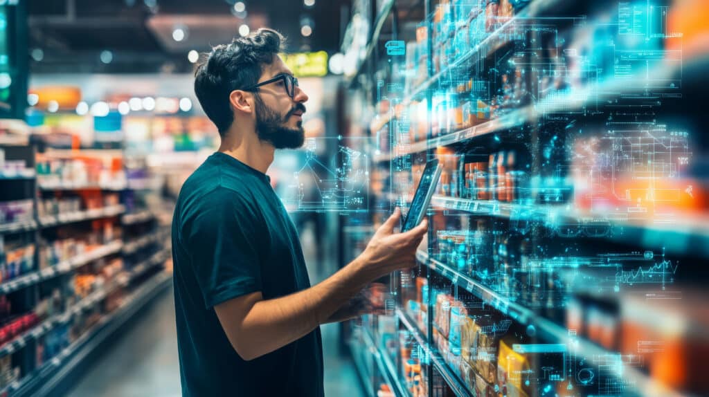 Mann vor einem digitalisierten Supermarkt-Regal mit einem Smartphone in der Hand