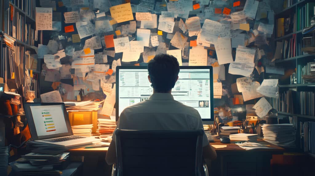 Mann arbeitet überlastet am Schreibtisch mit vielen To-Do-Zetteln an der Wand