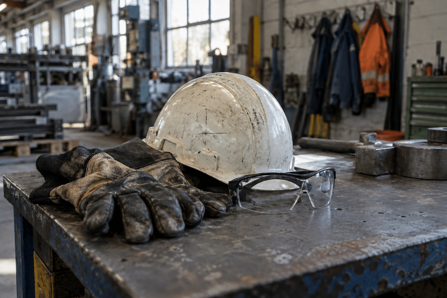Schutzhelm, Arbeitshandschuhe und Schutzbrille auf einer Werkbank in der Werkstatt