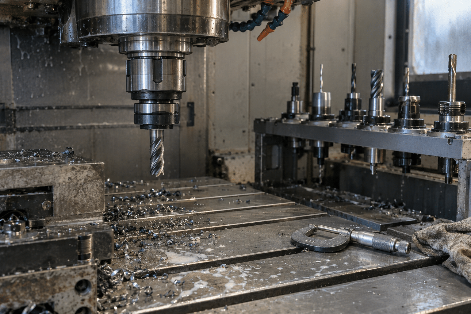 CNC-Fräsmaschine beim Zerspanen, daneben Werkzeughalter und ein Messschieber
