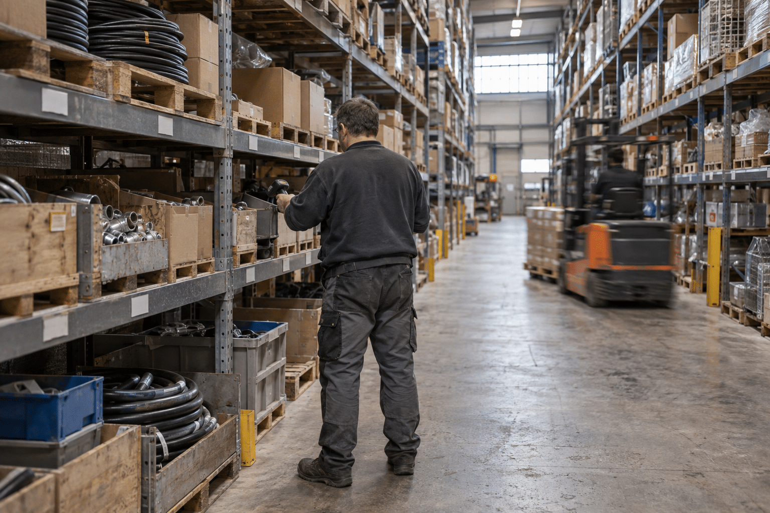 Lagermitarbeiter im technischen Großhandel zwischen Hochregalen mit Industriebedarf, im Hintergrund ein Gabelstapler