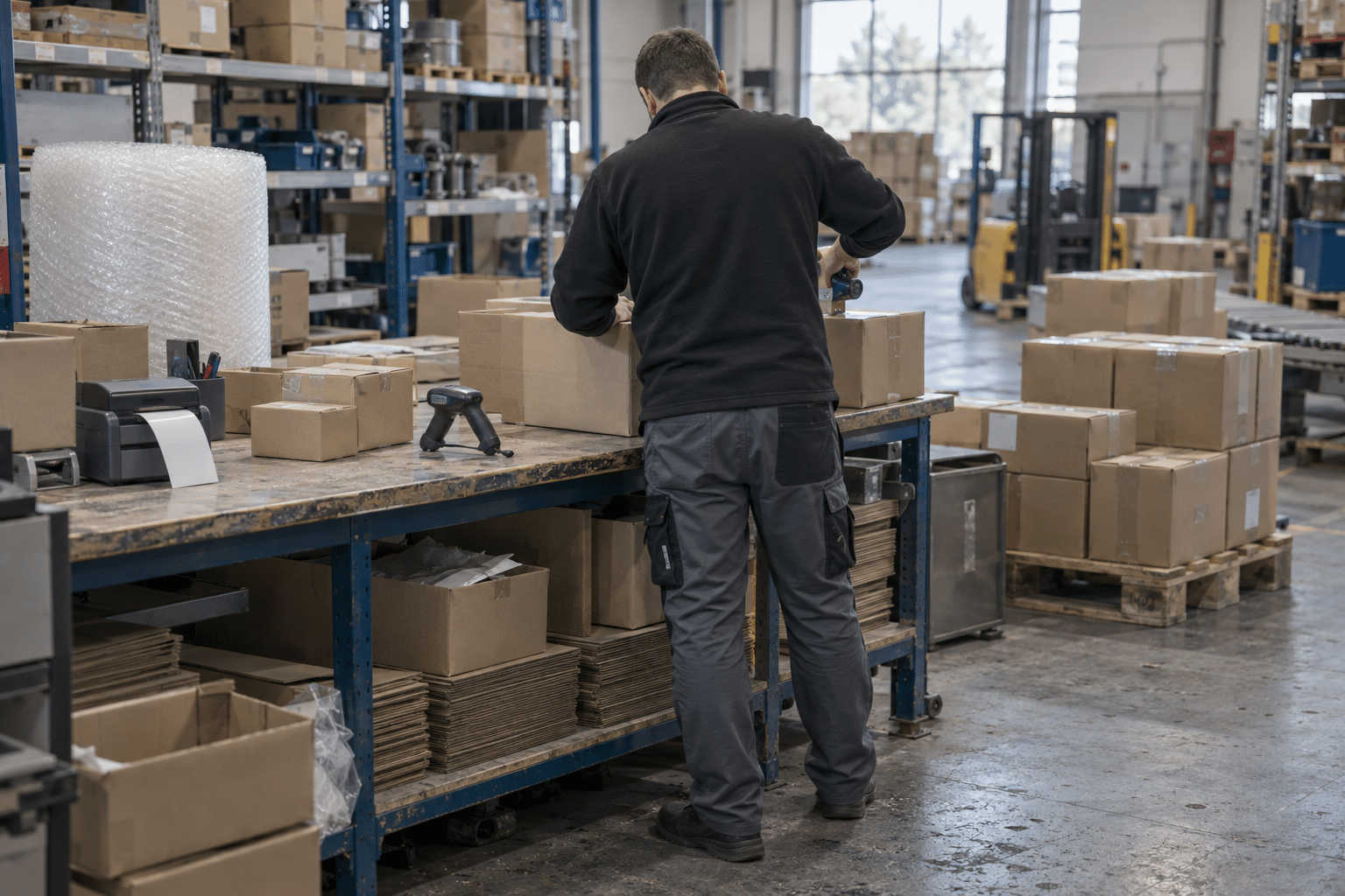 Versand im technischen Großhandel: Mitarbeiter verpackt B2B-Bestellungen